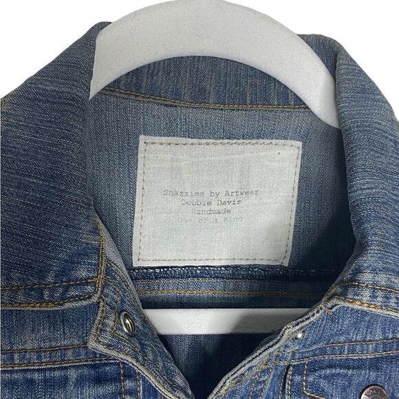 Snazzies Artwear Debbi Davis Mixed Media Floral Flare Sleeves Denim Jacket Sz 7 - Picture 4 of 5